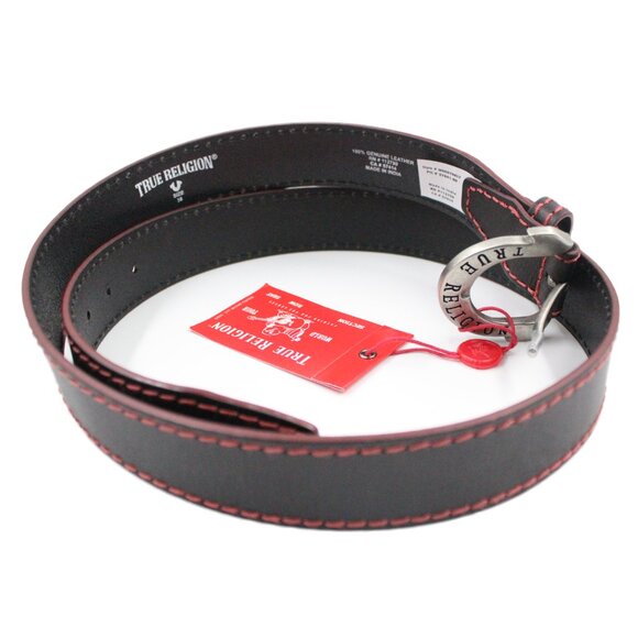 TRUE RELIGION Red Big T Leather Red Stitch Silver Buckle Black Belt - Size 38 - Picture 4 of 5